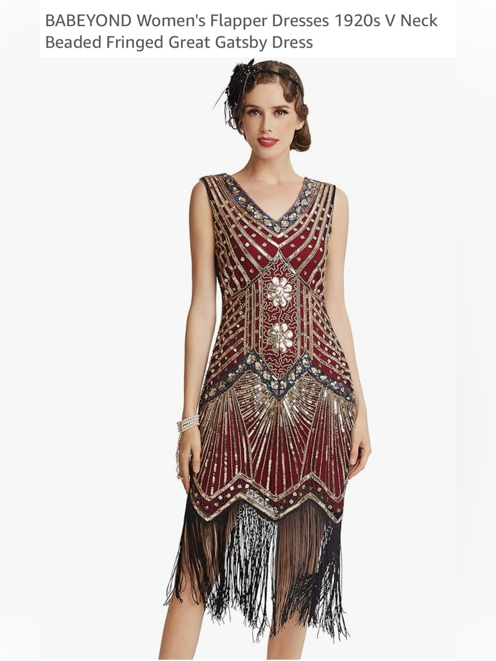 Gatsby-Inspired Women’s Burgundy Beaded Fringe Cocktail Dress ~ Size S